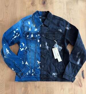 KDNK Two-Tone Blue and Black Distressed Paint Splatter Denim Jacket